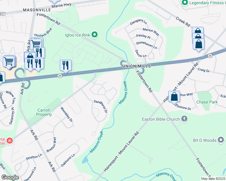 map of restaurants, bars, coffee shops, grocery stores, and more near 1601A Yarmouth Lane in Mount Laurel Township