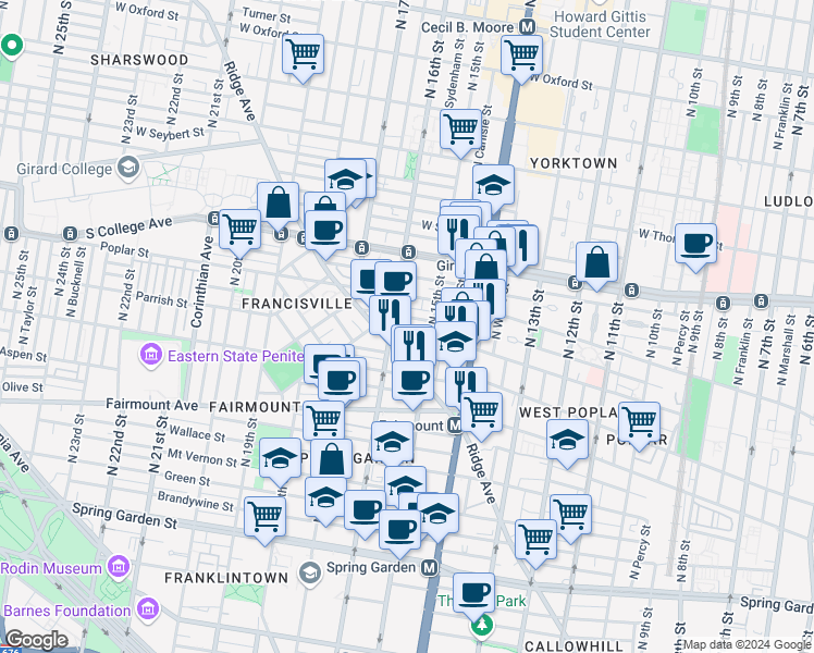 map of restaurants, bars, coffee shops, grocery stores, and more near 1533-39 Parrish Street in Philadelphia