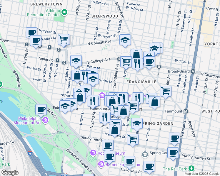 map of restaurants, bars, coffee shops, grocery stores, and more near 811 North Woodstock Street in Philadelphia