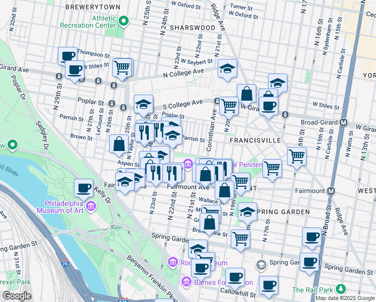 map of restaurants, bars, coffee shops, grocery stores, and more near 804 North 21st Street in Philadelphia