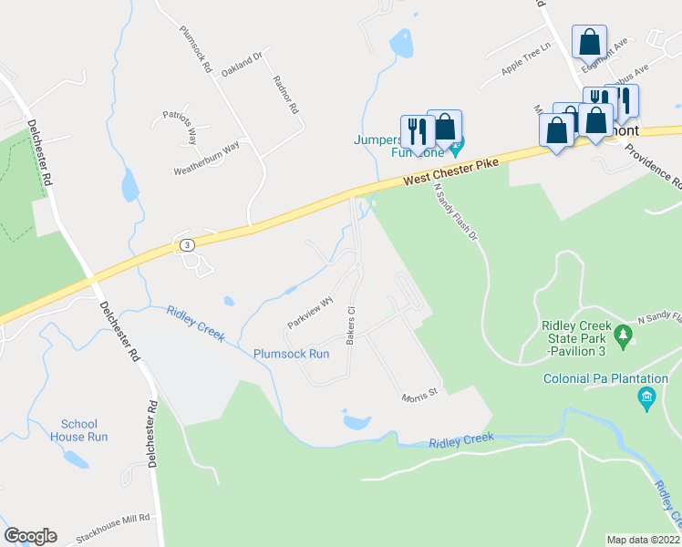 map of restaurants, bars, coffee shops, grocery stores, and more near Edgmont Country Club in Newtown Square
