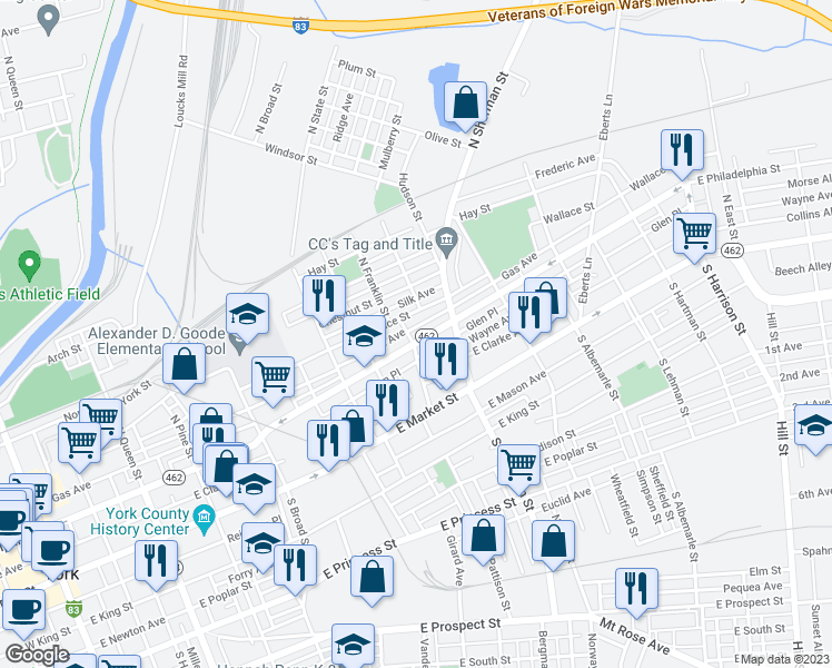 map of restaurants, bars, coffee shops, grocery stores, and more near 707 East Philadelphia Street in York