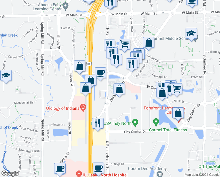 map of restaurants, bars, coffee shops, grocery stores, and more near 12261 North Meridian Street in Carmel