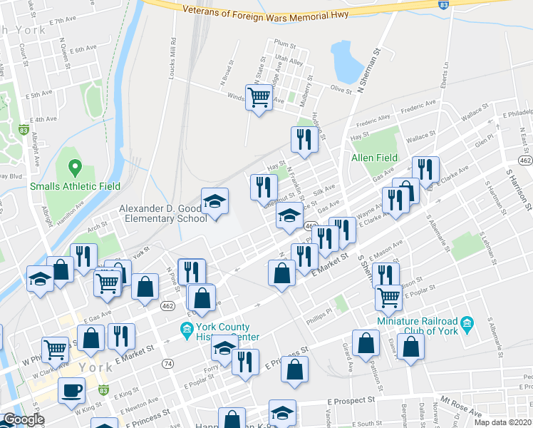 map of restaurants, bars, coffee shops, grocery stores, and more near 219 North State Street in York