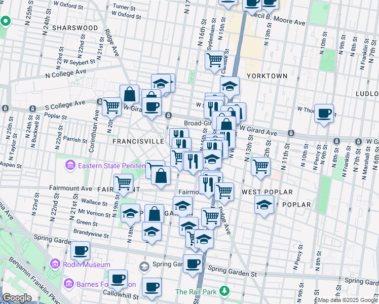 map of restaurants, bars, coffee shops, grocery stores, and more near 1533-39 Parrish Street in Philadelphia
