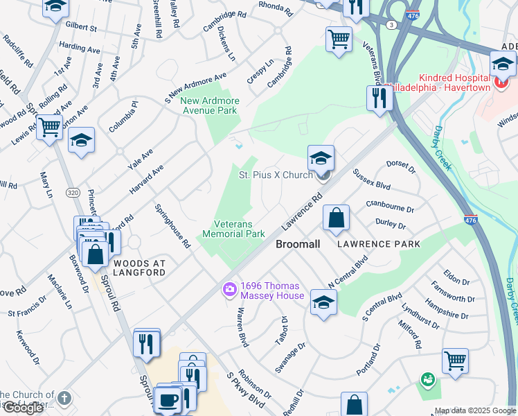 map of restaurants, bars, coffee shops, grocery stores, and more near 2016 Woodside Lane in Broomall