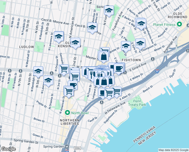 map of restaurants, bars, coffee shops, grocery stores, and more near 15 West Girard Avenue in Philadelphia