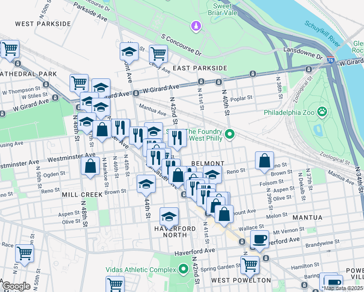 map of restaurants, bars, coffee shops, grocery stores, and more near 4211 Ogden Street in Philadelphia