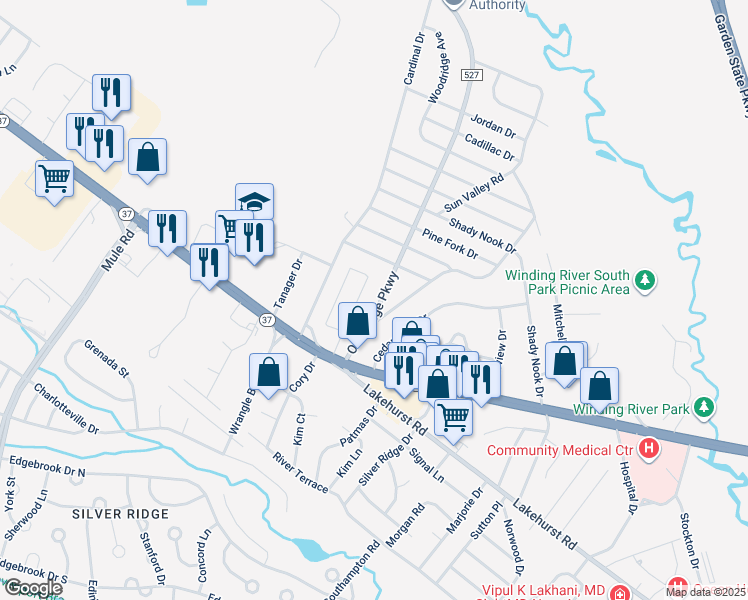 map of restaurants, bars, coffee shops, grocery stores, and more near 8 Oakside Drive in Toms River