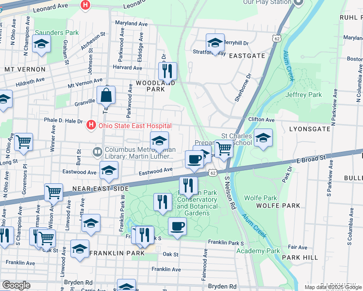 map of restaurants, bars, coffee shops, grocery stores, and more near 1750 East Long Street in Columbus