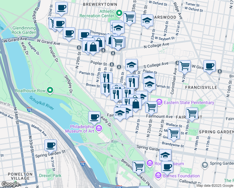 map of restaurants, bars, coffee shops, grocery stores, and more near 2509 Swain Street in Philadelphia