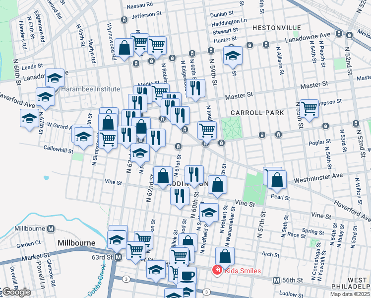 map of restaurants, bars, coffee shops, grocery stores, and more near 6066 West Girard Avenue in Philadelphia