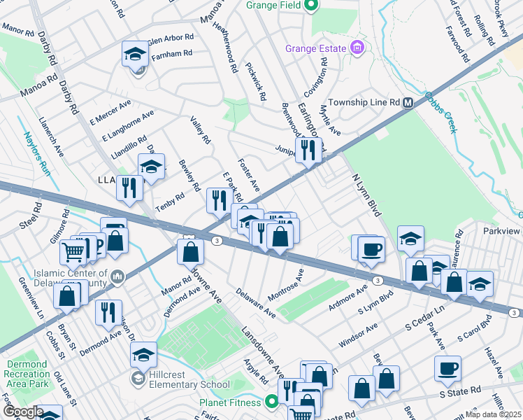 map of restaurants, bars, coffee shops, grocery stores, and more near 134 Foster Avenue in Havertown