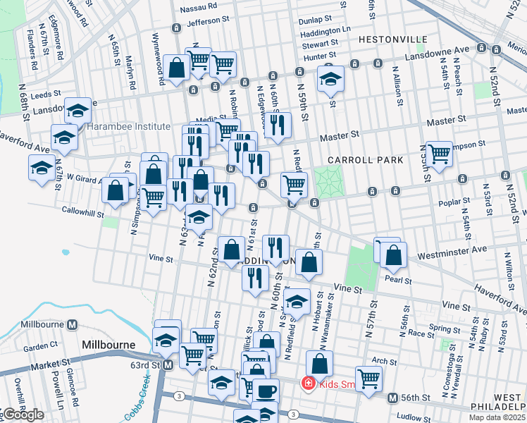 map of restaurants, bars, coffee shops, grocery stores, and more near 6066 West Girard Avenue in Philadelphia