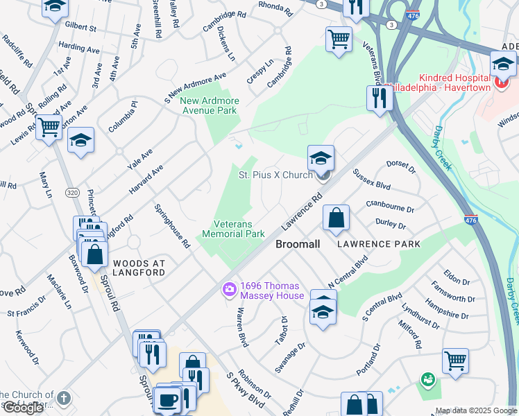 map of restaurants, bars, coffee shops, grocery stores, and more near 2016 Woodside Lane in Broomall