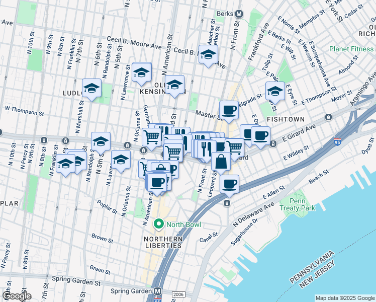 map of restaurants, bars, coffee shops, grocery stores, and more near 1232 North Mascher Street in Philadelphia