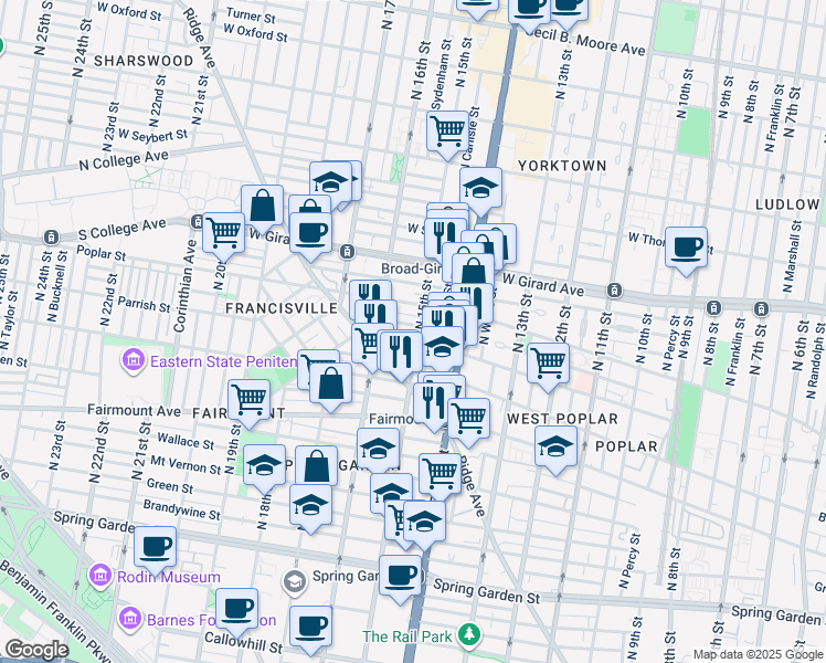 map of restaurants, bars, coffee shops, grocery stores, and more near 848 North 15th Street in Philadelphia