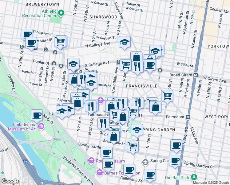 map of restaurants, bars, coffee shops, grocery stores, and more near 811 Corinthian Avenue in Philadelphia