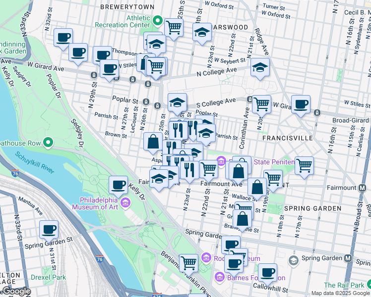 map of restaurants, bars, coffee shops, grocery stores, and more near 2324 Brown Street in Philadelphia