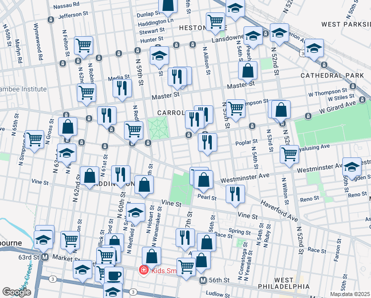 map of restaurants, bars, coffee shops, grocery stores, and more near 616 North 57th Street in Philadelphia