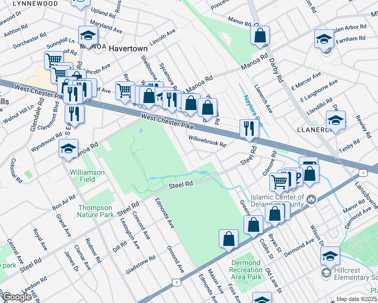 map of restaurants, bars, coffee shops, grocery stores, and more near 601 Country Club Lane in Havertown