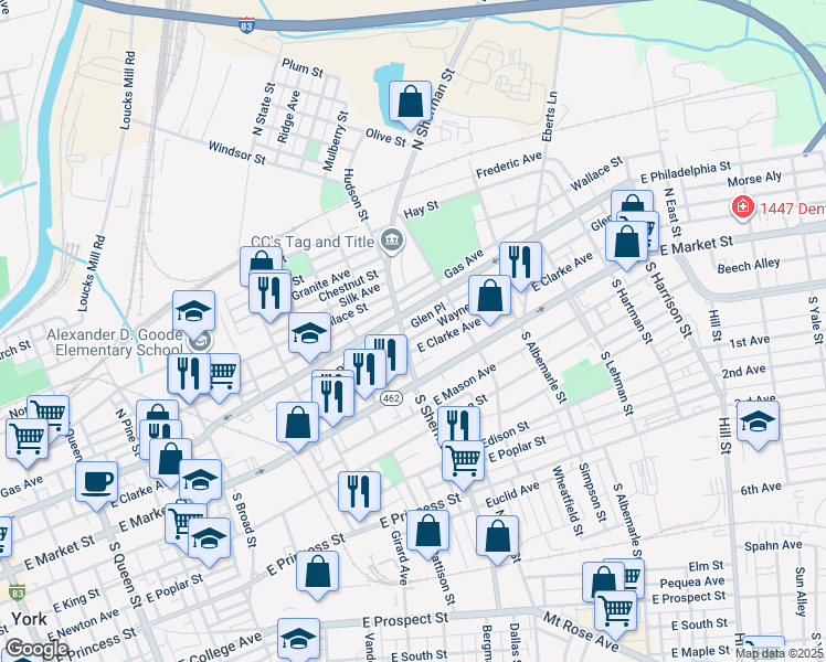 map of restaurants, bars, coffee shops, grocery stores, and more near 809 Wayne Avenue in York