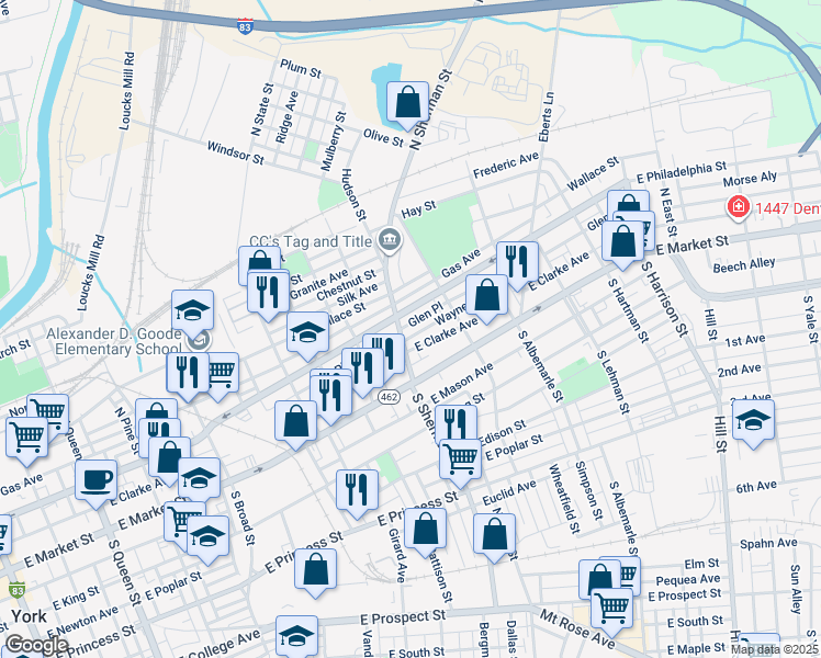 map of restaurants, bars, coffee shops, grocery stores, and more near 809 Wayne Avenue in York