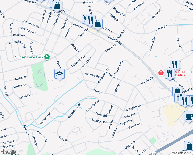 map of restaurants, bars, coffee shops, grocery stores, and more near 1810 Hayward Road in York