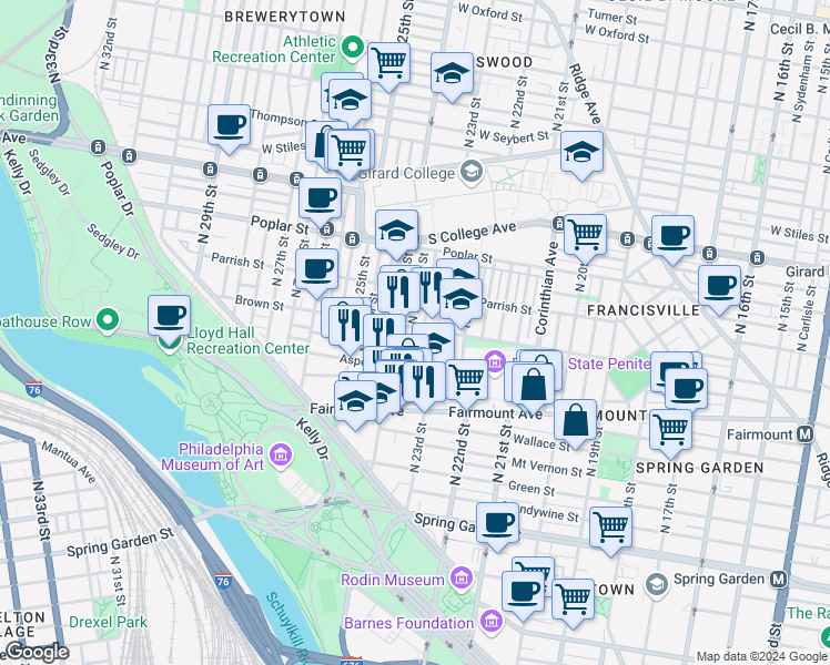 map of restaurants, bars, coffee shops, grocery stores, and more near 2324 Brown Street in Philadelphia