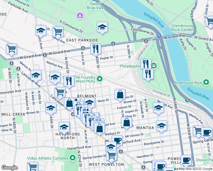 map of restaurants, bars, coffee shops, grocery stores, and more near 3945 Ogden Street in Philadelphia