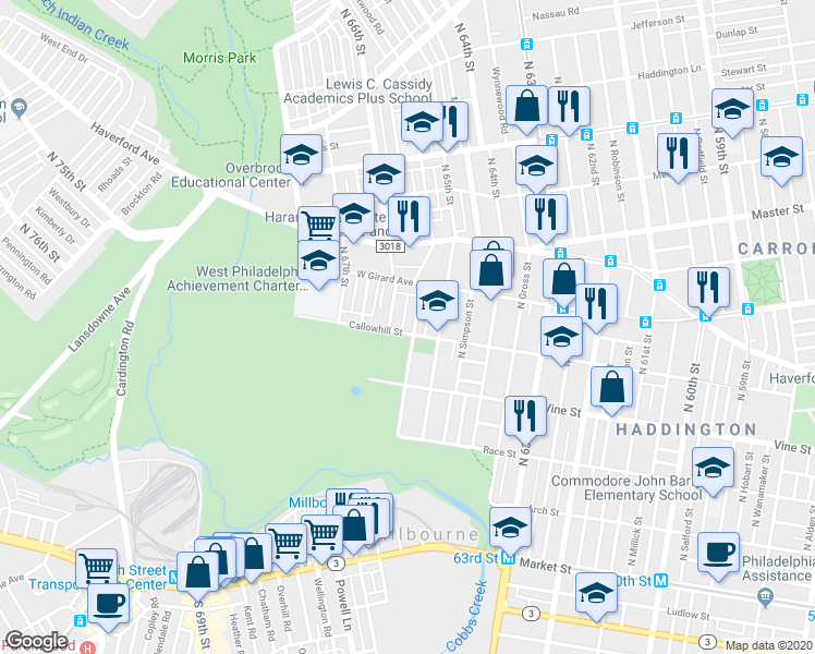 map of restaurants, bars, coffee shops, grocery stores, and more near 404 North Daggett Street in Philadelphia