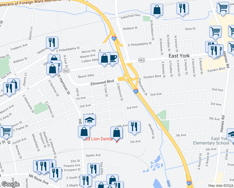 map of restaurants, bars, coffee shops, grocery stores, and more near 1644 1st Avenue in York