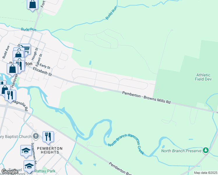 map of restaurants, bars, coffee shops, grocery stores, and more near 912 Pemberton Browns Mills Road in Pemberton