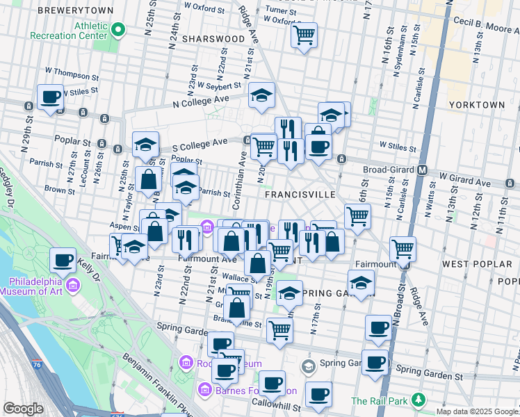 map of restaurants, bars, coffee shops, grocery stores, and more near 817 North 20th Street in Philadelphia