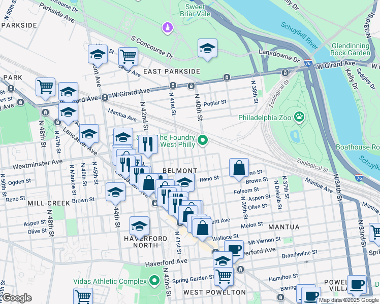 map of restaurants, bars, coffee shops, grocery stores, and more near 874 North Preston Street in Philadelphia