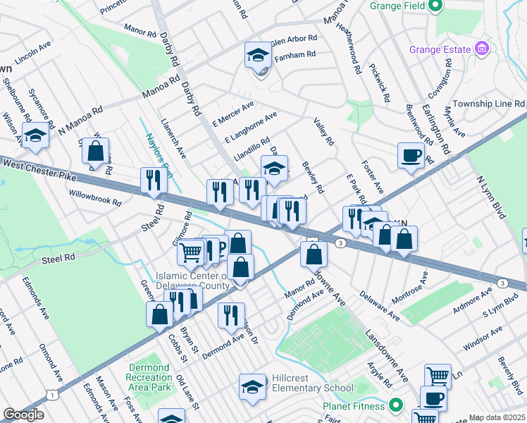 map of restaurants, bars, coffee shops, grocery stores, and more near 224 Darby Road in Havertown