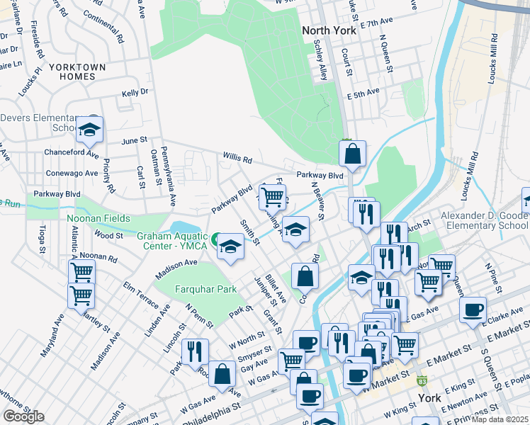 map of restaurants, bars, coffee shops, grocery stores, and more near 612 North Pershing Avenue in York