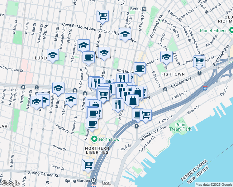 map of restaurants, bars, coffee shops, grocery stores, and more near 1216 North Howard Street in Philadelphia