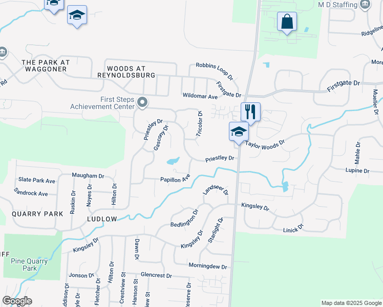 map of restaurants, bars, coffee shops, grocery stores, and more near 8482 Priestley Drive in Reynoldsburg