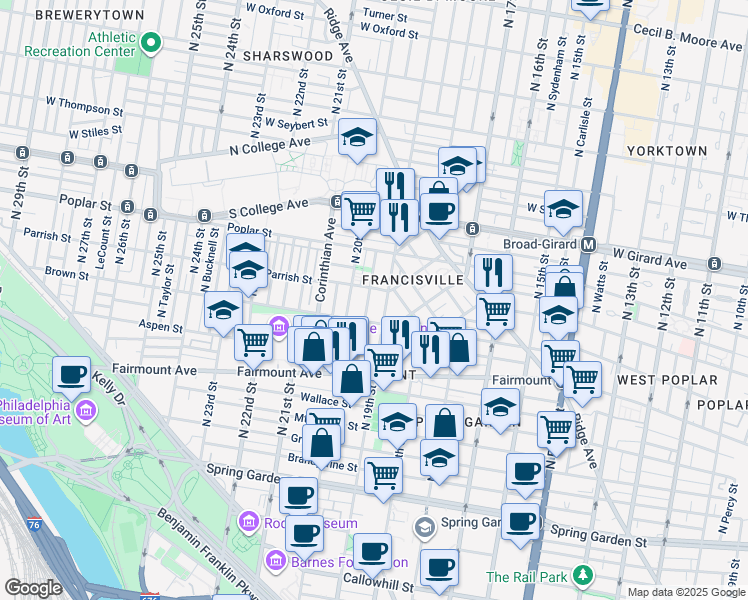 map of restaurants, bars, coffee shops, grocery stores, and more near 829 North Uber Street in Philadelphia