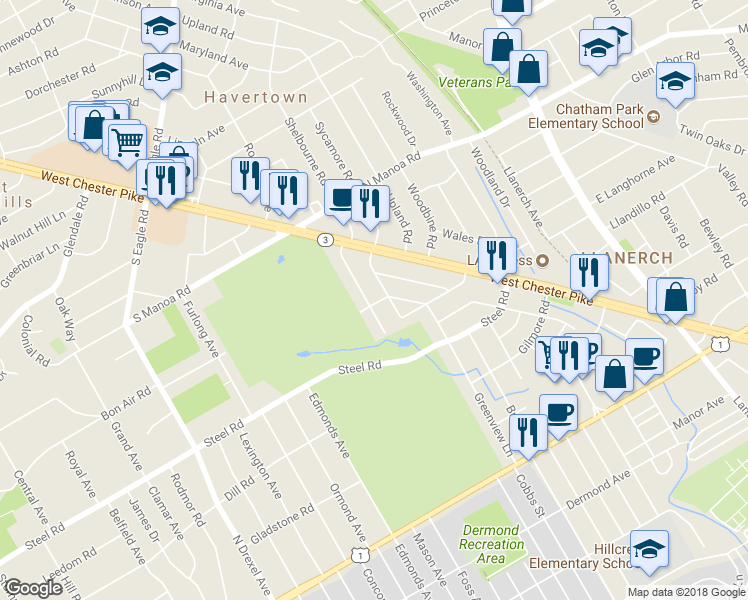 map of restaurants, bars, coffee shops, grocery stores, and more near 601 Country Club Lane in Havertown