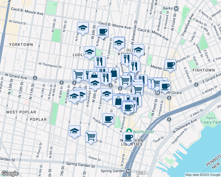 map of restaurants, bars, coffee shops, grocery stores, and more near 1140 North Orianna Street in Philadelphia