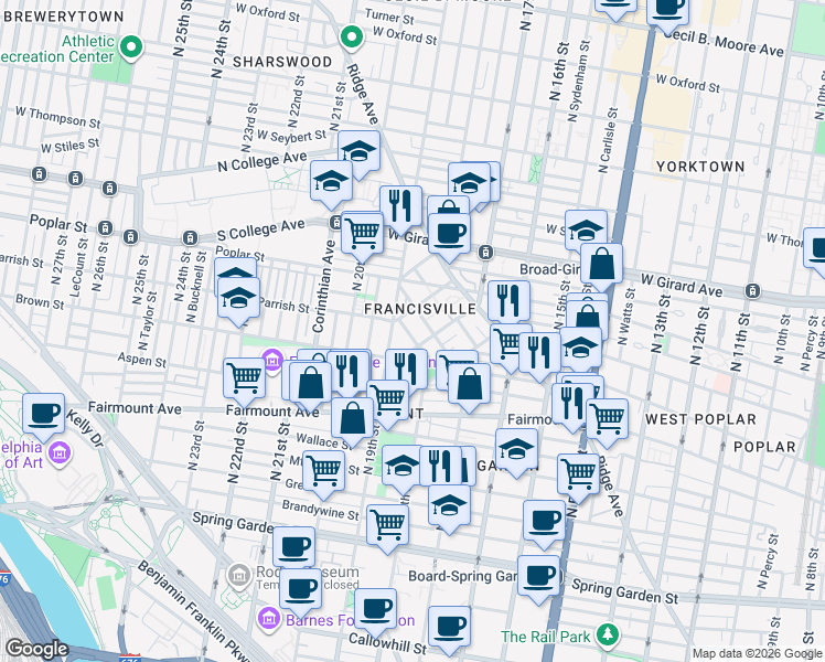 map of restaurants, bars, coffee shops, grocery stores, and more near 813 Cameron Street in Philadelphia