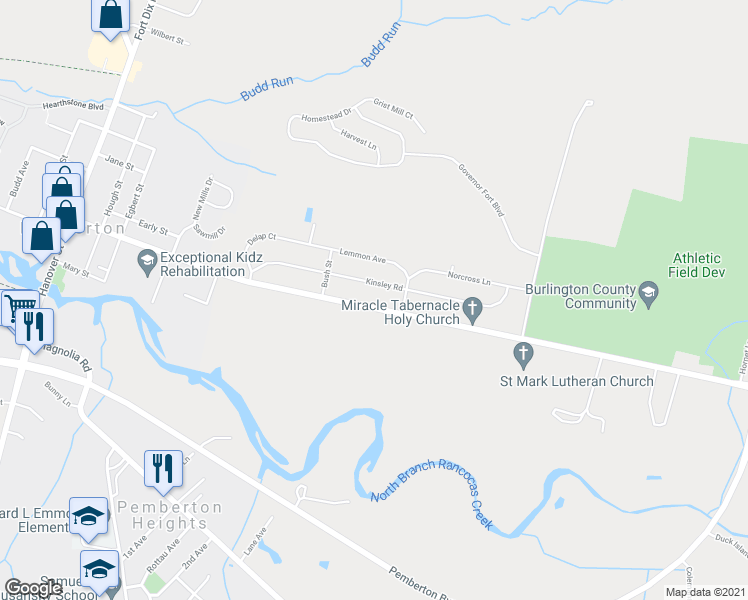 map of restaurants, bars, coffee shops, grocery stores, and more near 912 Pemberton Browns Mills Road in Pemberton