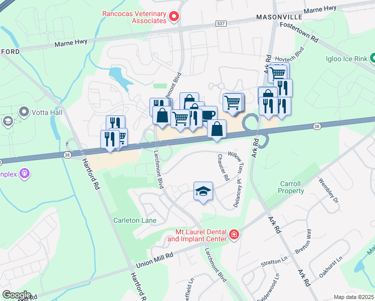 map of restaurants, bars, coffee shops, grocery stores, and more near 101 Willow Turn in Mount Laurel Township