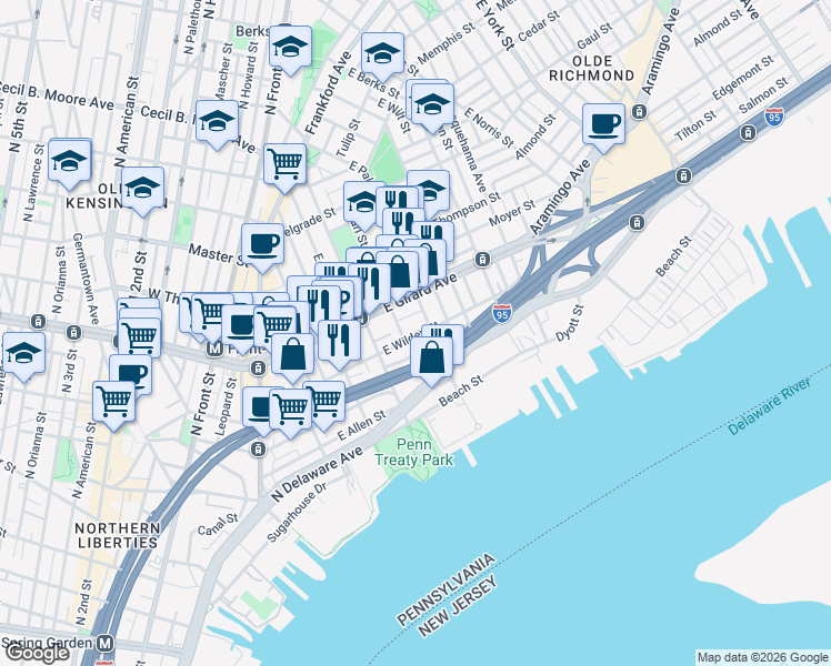 map of restaurants, bars, coffee shops, grocery stores, and more near in Philadelphia