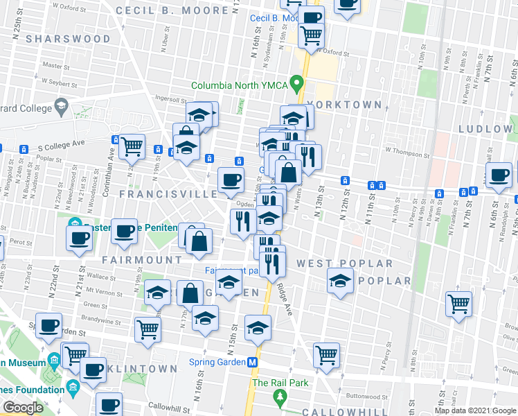 map of restaurants, bars, coffee shops, grocery stores, and more near 1504 Parrish Street in Philadelphia