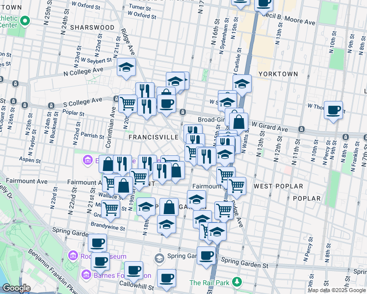 map of restaurants, bars, coffee shops, grocery stores, and more near 1700 Francis Street in Philadelphia