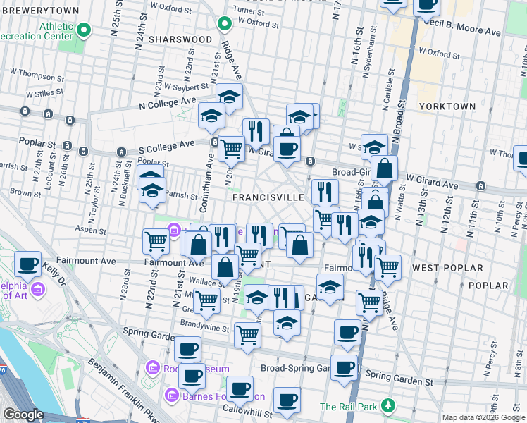 map of restaurants, bars, coffee shops, grocery stores, and more near 813 Cameron Street in Philadelphia