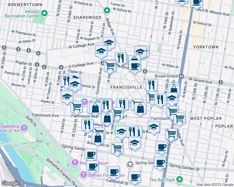 map of restaurants, bars, coffee shops, grocery stores, and more near 803 North 19th Street in Philadelphia